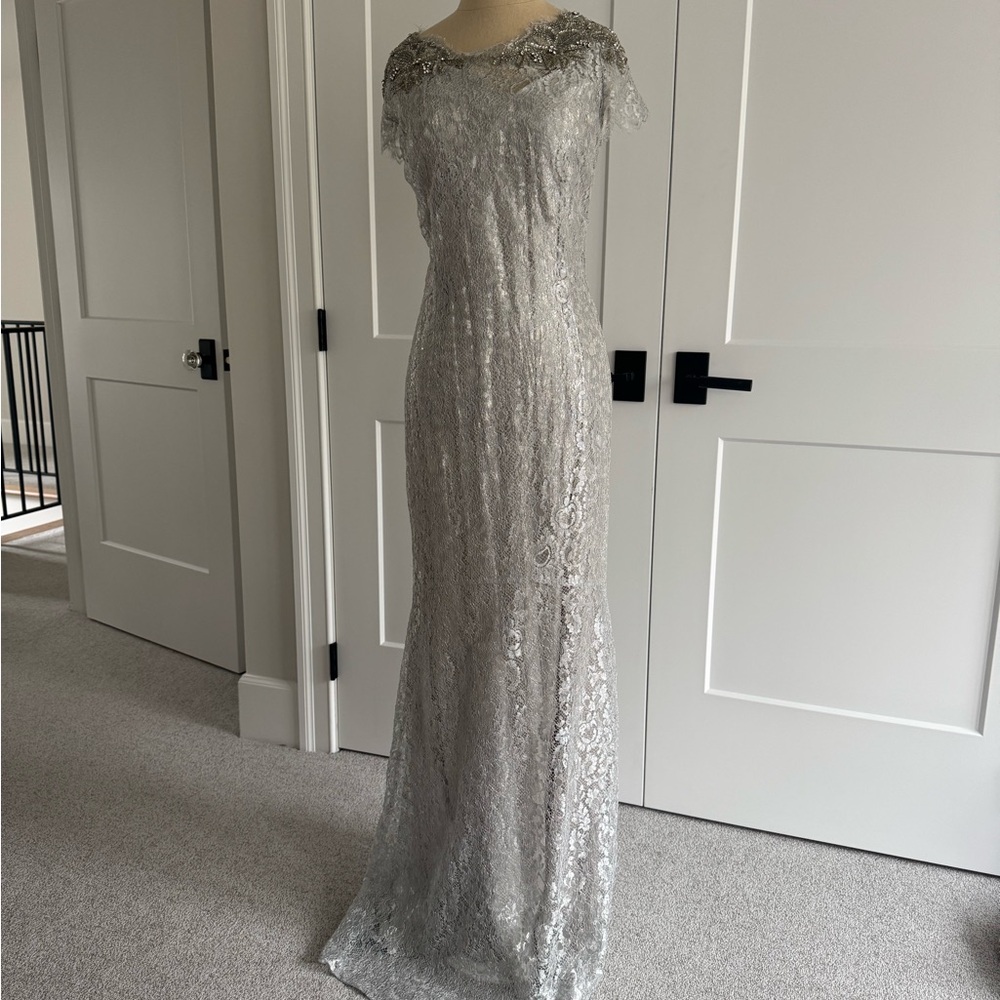 Marchesa Silver Embellished Lace Gown – Size 10
